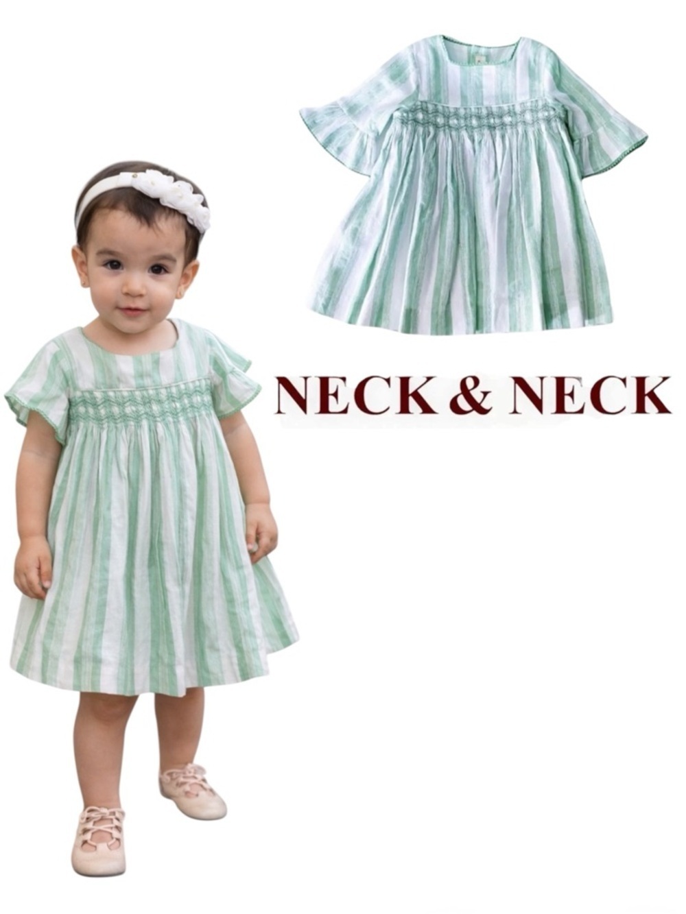 Neck & Neck Green Spanish Smocked Linen Dress Size 18-24M